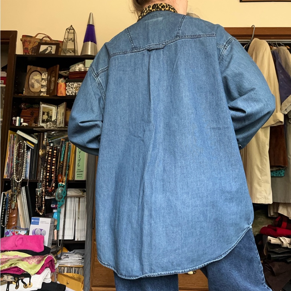 90s Solutions Denim Button-Up Shirt Leopard Collar Animal Print Funky - Picture 7 of 13